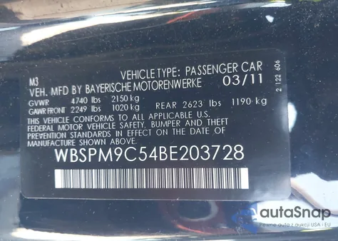 2011 BMW M3 z USA, uszkodzony, nr VIN WBSPM9C54BE203728